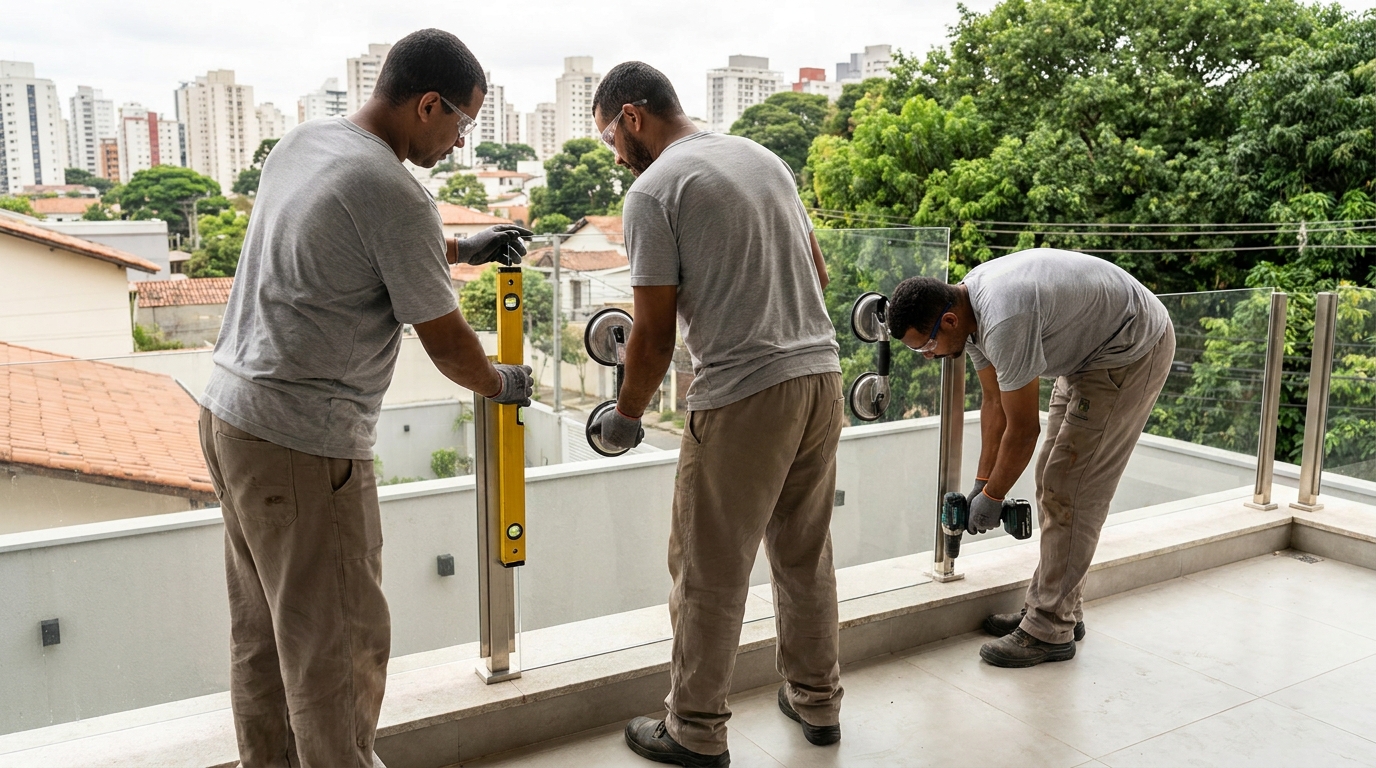 Guarda-corpo em terraço alto com vista cidade em Suzano-SP