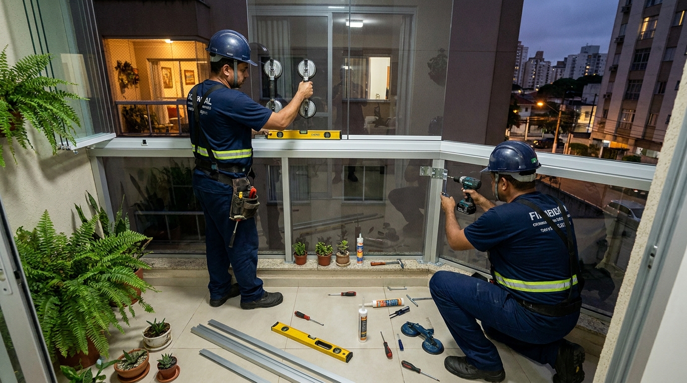 Instalação noturna de parede de vidro em Suzano-SP