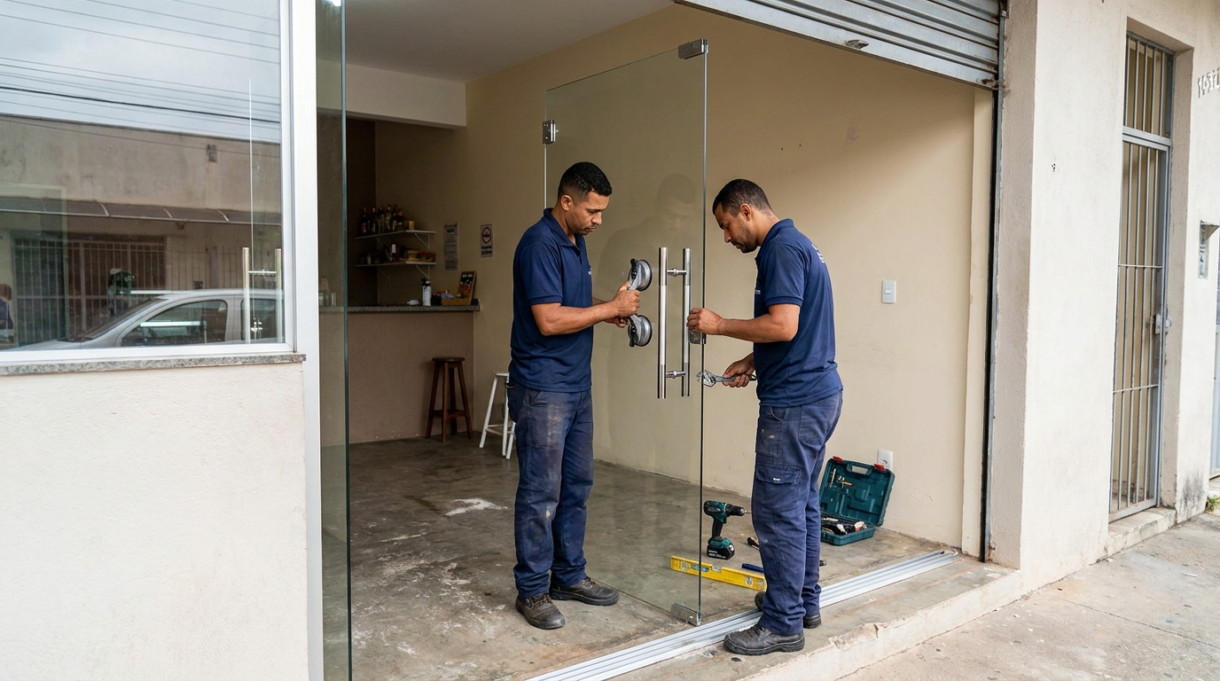 Dupla instalando porta de vidro em loja em Suzano-SP