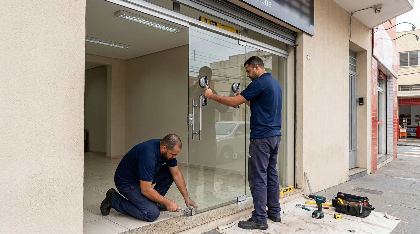 Porta de vidro com puxador inox em Suzano-SP